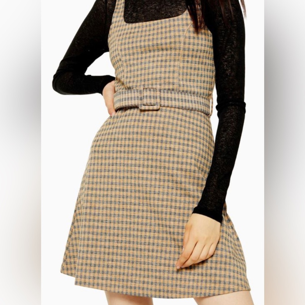 Topshop Pinafore Plaid Dress in Mustard/ Blue